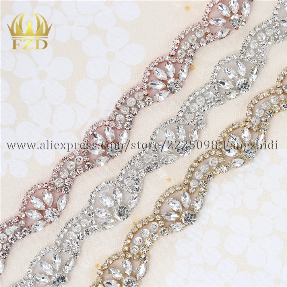 

(1yard) Handmade Hot fix Sew on Rose Gold Beaded Crystal Applique Rhinestones Decorative Trim for Bridal Dress Sash or Headbands