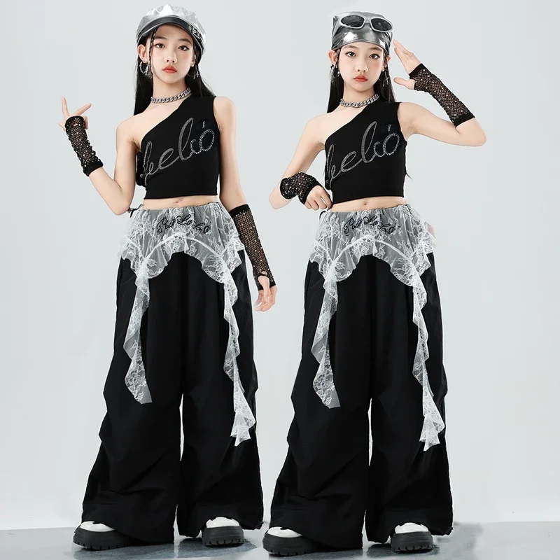 

Hip Hop Dancing Set For Girls Jazz Costume K POP Outfit Children Performance Clothes Black Slanted shoulder Vest Pants XH2714