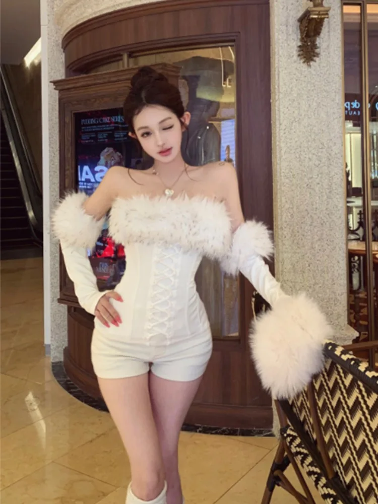 

Сексуальная девушка Fibone Design Pure Desire Белая футболка на одно плечо Thiened Slim Fit Зимний женский топ с меховым воротником