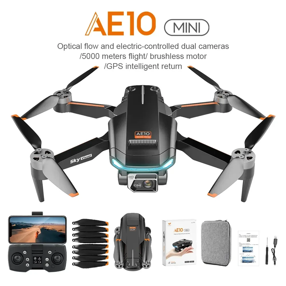 AE10 Mini Drone 8K HD Dual Camera GPS WIFI Obstacle Avoidance Optical Flow Positioning Brushless Motor Folding Quadcopter Toys