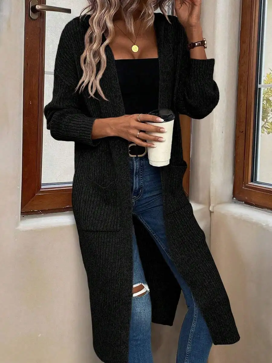 듀얼 포켓 스플릿 헴 후드 더스터 가디건, 긴 소매 탑 가을 겨울 여성용 의류