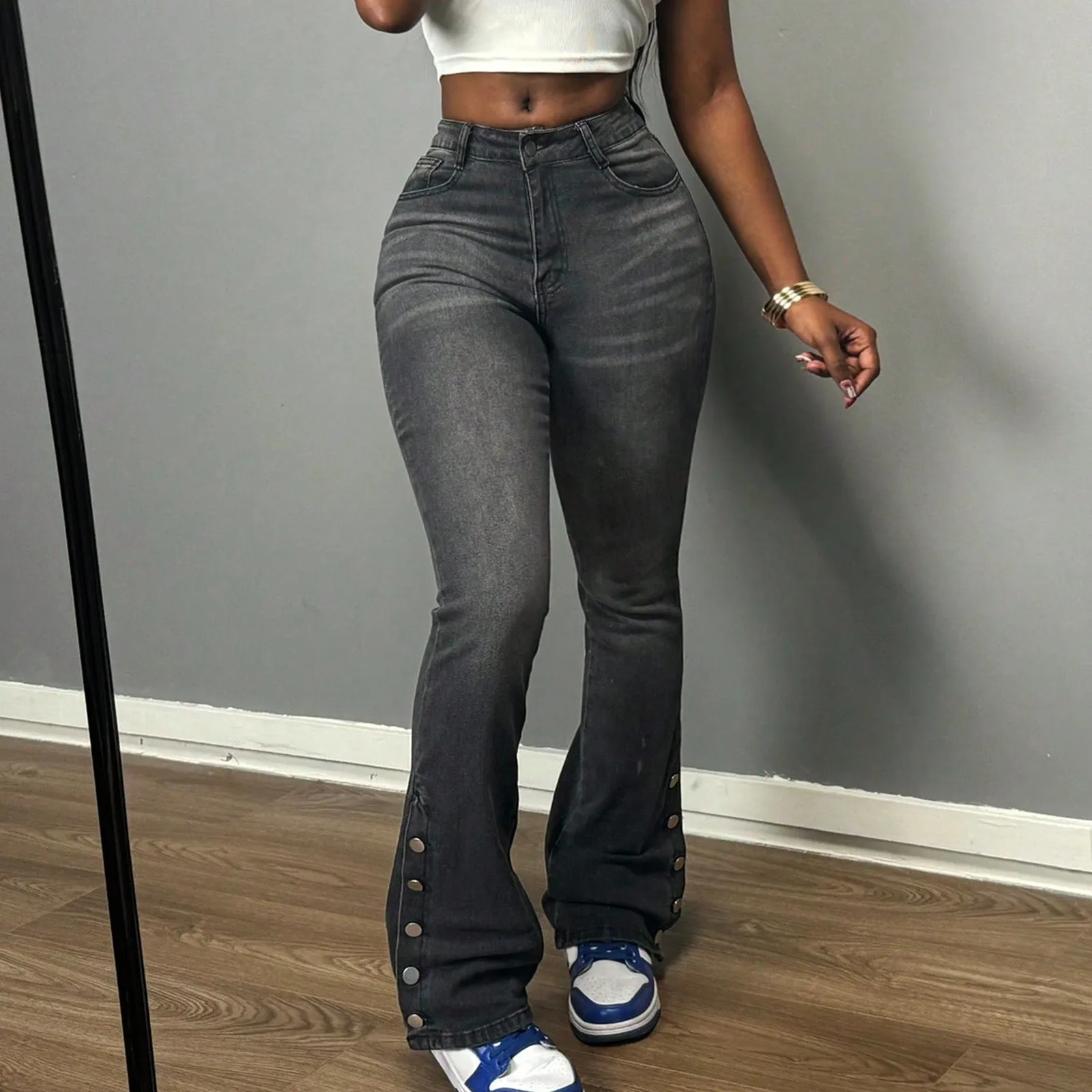 

Весенне-осенние узкие джинсы, удобные прямые брюки, повседневные модные прямые джинсы с высокой талией, расклешенные джинсы на пуговицах с боковым разрезом