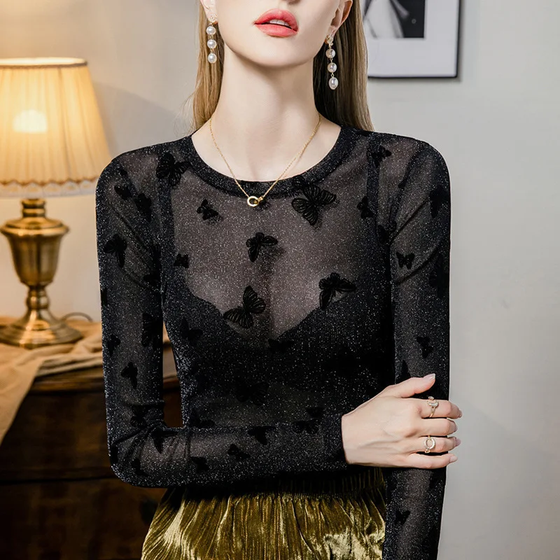 #4257 Black Office Skinny T Shirt Women Butterfly Flocking Skinny T Shirt Long Sleeve Vintage Streetwear Short Tshirt Female