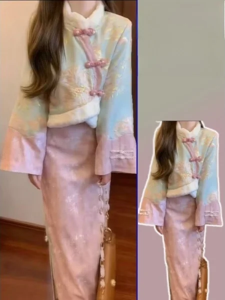 

Женский традиционный китайский комплект больших размеров с цветочным принтом: юбка с высокой талией и блузка с длинными рукавами на пуговицах, хлопок, весенняя одежда