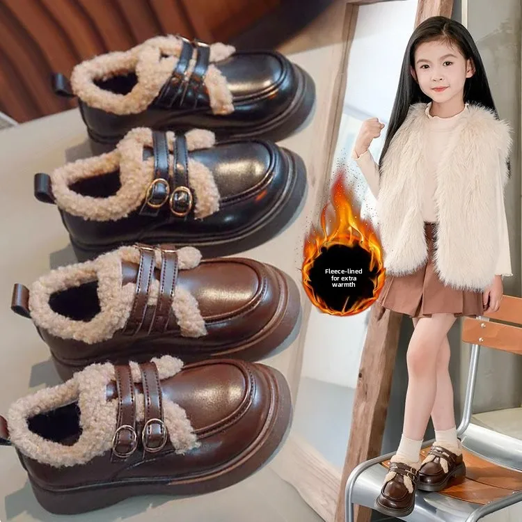 2026 Winter New Children Leather Shoes with Cotton Girls Fashion British Style Soft Anti-slippery Versatile Princess Chic Shoes