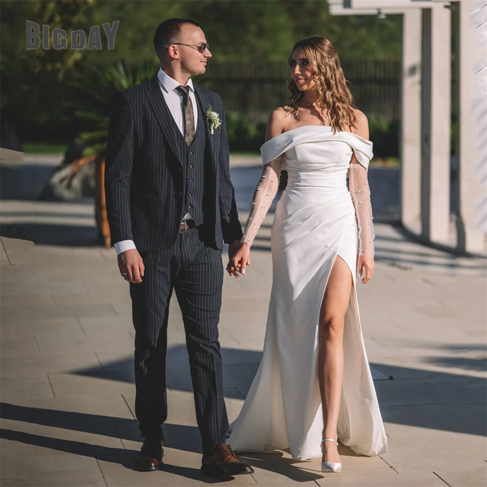 

Elegant Mermaid Wedding Dress 2025 Long Sleeve Off The Shoulder Slit Open Back Pleat Bridal Gown Vestidos De Noiva Customized