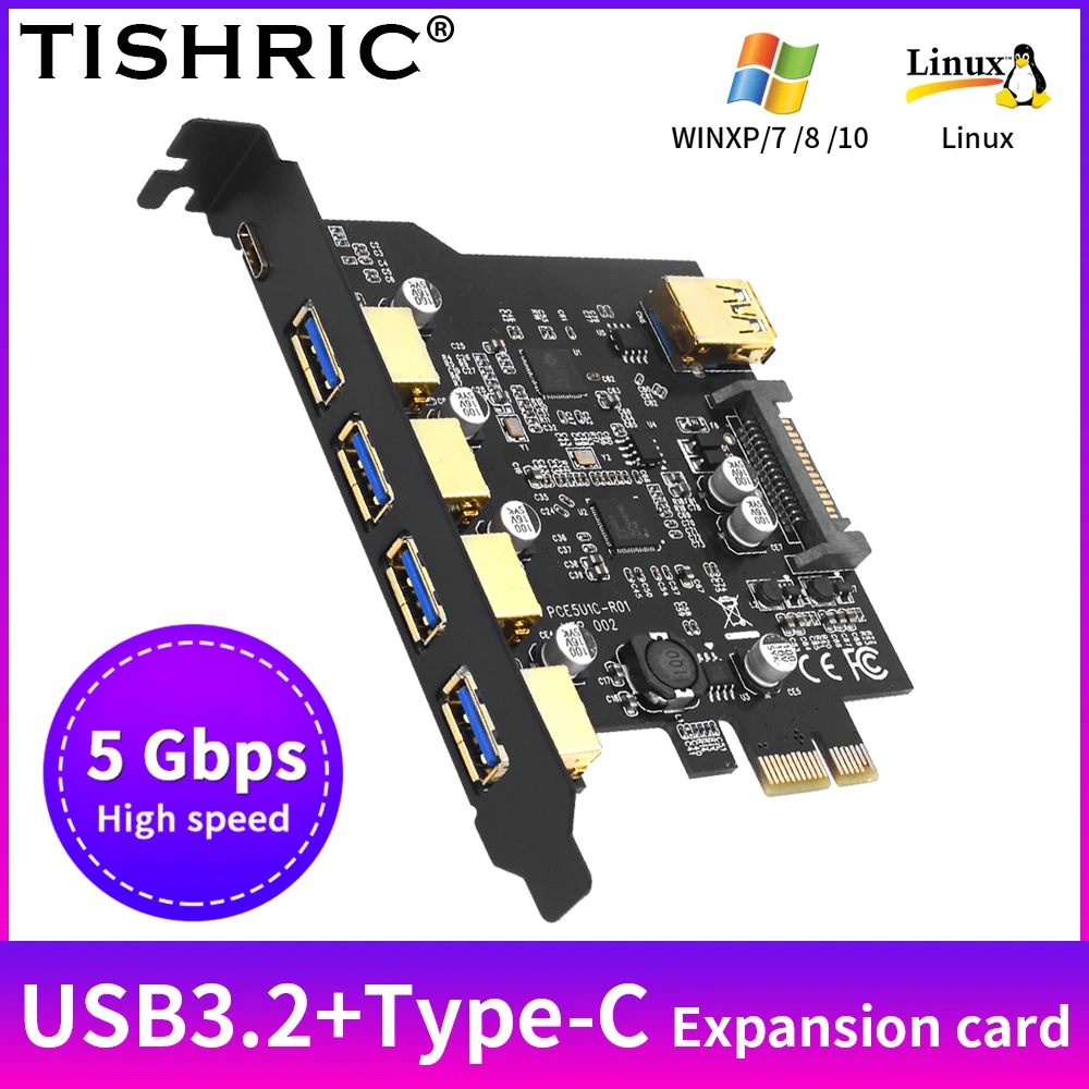 

TISHRIC 5-port USB3.2gen1 Type-C PCIE Expansion Card Adapter 5Gbps PCIE Card Slot Compatible D720201 Main Control