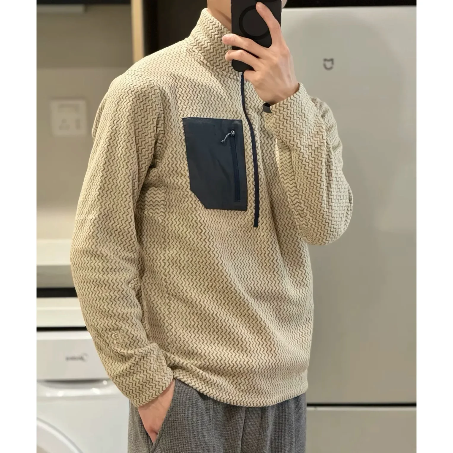R1 Fleece Jacket, American Outdoor, Casual, Fishing, Cycling, Camping, Warm Stand-up Collar Half-zip Pullover Hoodie Shirt view 3