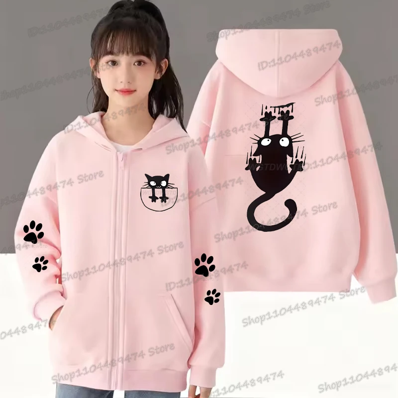 

Толстовка на молнии с мультяшным принтом кота и лапы, детские толстовки, повседневная спортивная одежда для мальчиков и девочек, осенне-зимняя толстовка на молнии, детское пальто