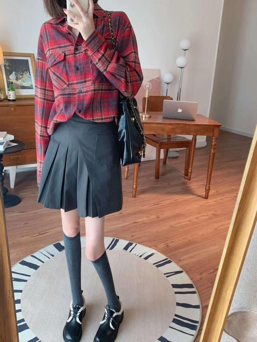 

Slimming A-Line Skirt High Waist Pure Color Versatile College Sle Pleated ort Skirt Korean Version Spring New Arrival