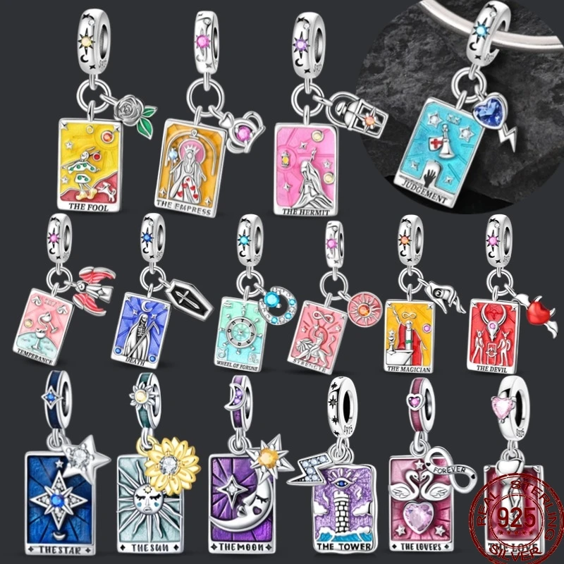 Charms 925 Sterling Silver Tarot Card Devil Hermit Wheel of Fortune Sun Star Pendant Fit Bracelets Necklace DIY Jewelry Hot Sale