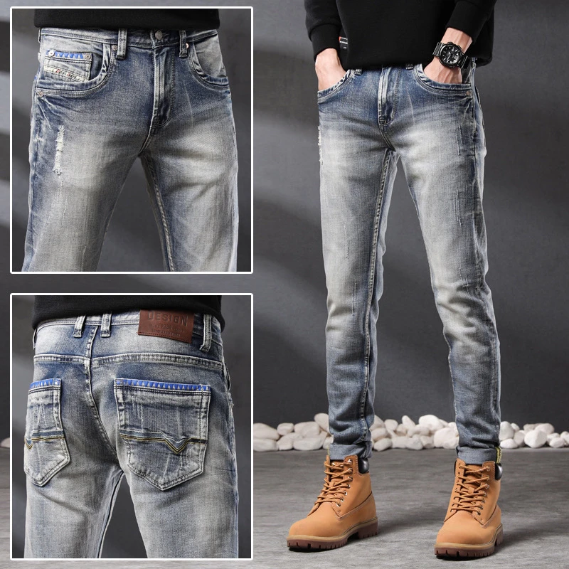 EH · MD® High Elastic Stitched Jeans Men\'s Slim Fit Light Gray Embroidered Strip Pocket Zip Pencil Pants Seasonal Worn Cat Paw 2