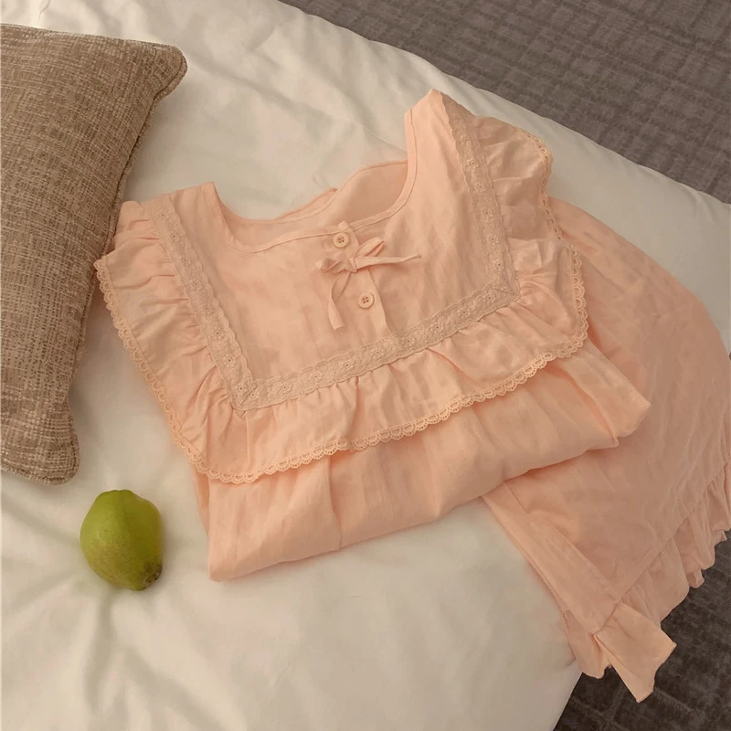 Cotton Jacquard Lace Sweet Princess Loose Leisure Wear Pajamas Set Women Sweet Pink Kawaii Summer Home Suit Korean Sleepwear