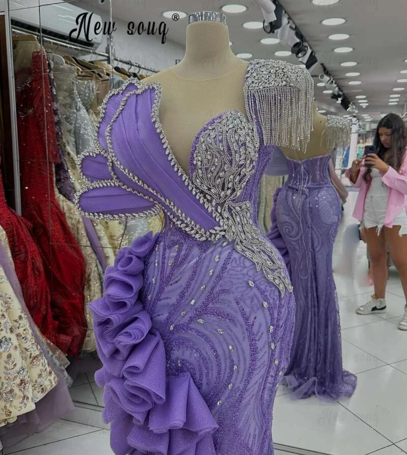 Glitter Stones Ruffles Purple Party Dress For Women Wedding Luxury 2024 Mermaid Tassels Bespoke Occasion Dressesفساتين حفلة موسي