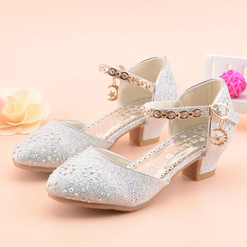 

2024 NEW Spring and Autumn Summer Crystal Girls Sandals Children high heel Shoes With Bows For Kid Sandals High-heeled Shoe