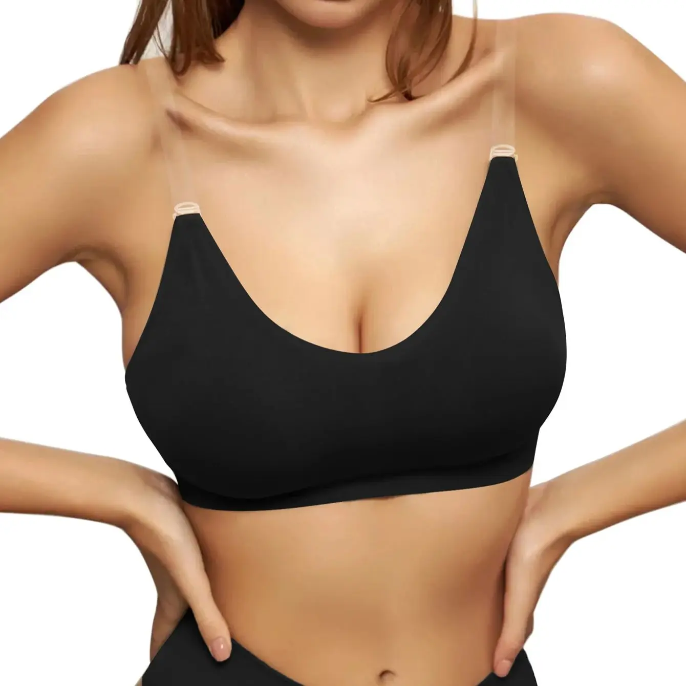 Unlined Backless Bra with Transparent Straps Women Wireless Seamless Everyday Brassiere U-shaped Back Lingerie Inner Wear