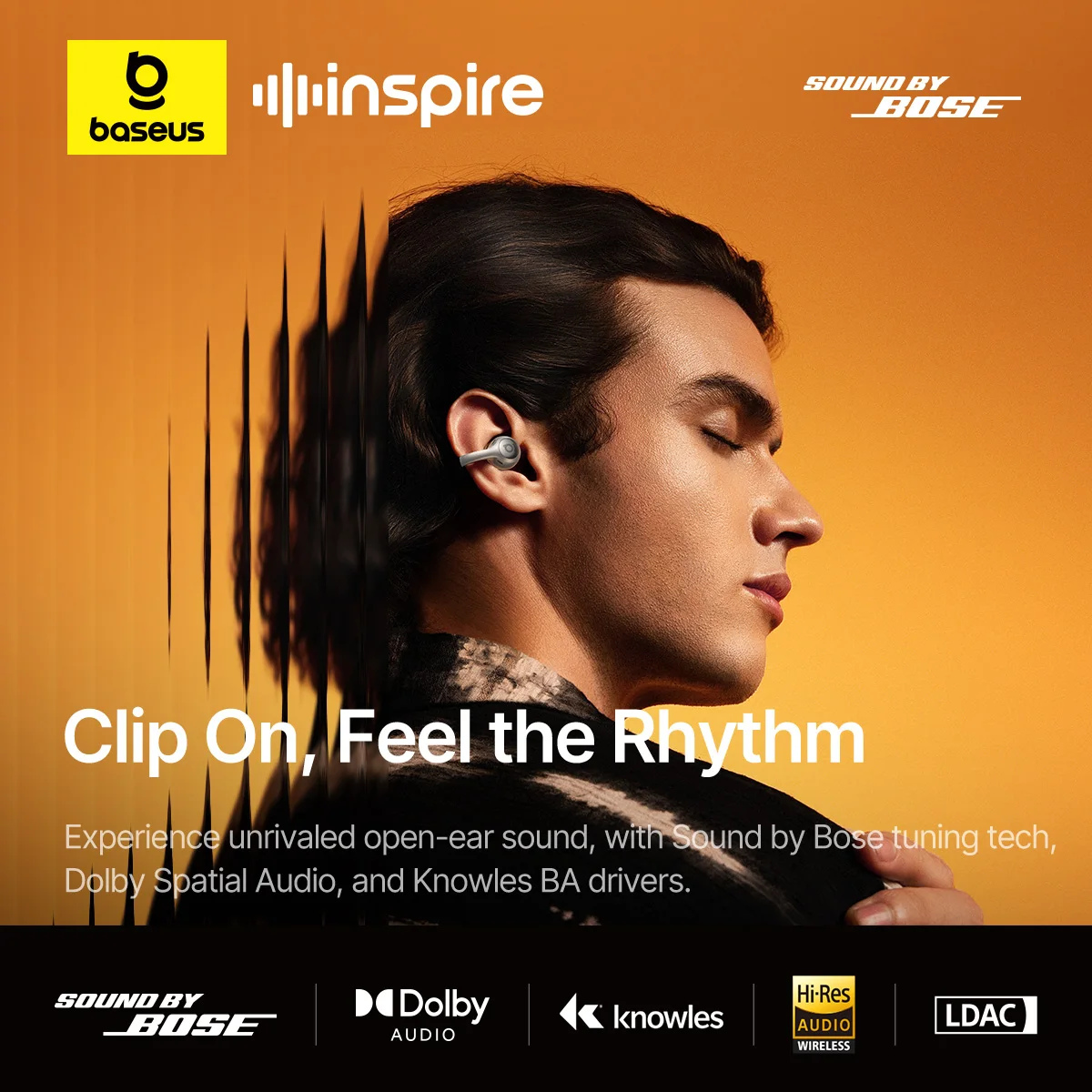 Bezprzewodowe słuchawki douszne Baseus Inspire XC1 Sound by Bose z klipsem na ucho, Bluetooth 6.1, otwarte słuchawki, kolczyki, 4 mikrofony, słuchawki z klipsem na ucho. — zdjęcie produktu 2