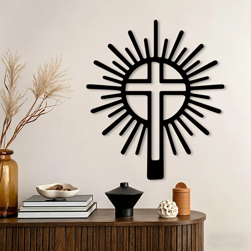 Christian Sunburst Cross Metal Wall Iron Modern Sculpture Living Room Hanging Mural Indoor Outdoor Christmas Faith Decor Gift
