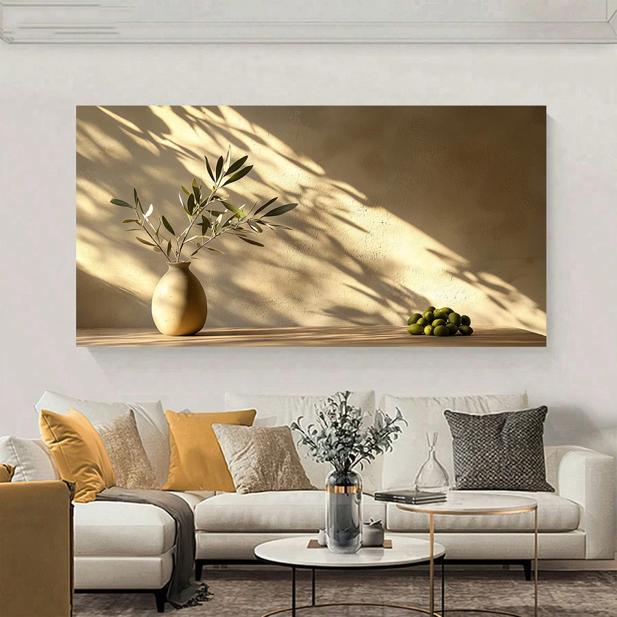 osters An Olive Tree Branch In Sunlight With A Long Shadow Contrasted Against A Beige Wall Background, Canvas Print Painting, Mo