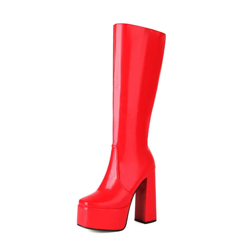 Black Red White Women Knee High Boots Platform Thick High Heel Ladies Calf Boots PU Leather Square Toe Side Zipper Dress Shoes