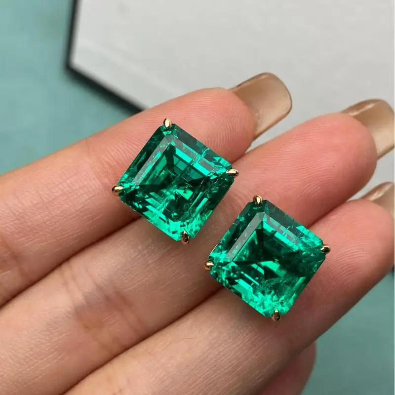 RUIF 2025 Nuevo estilo clásico 9K 10K 14K 18K Asscher Cut 11,5 mm Pendientes de esmeralda cultivada en laboratorio