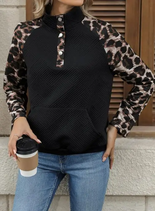 Autumn Women's Sweatshirts 2025 Autumn Trendy Street Style Patchwork Leopard Print Semi High Collar Long Sleeve Pocket Hoodie
