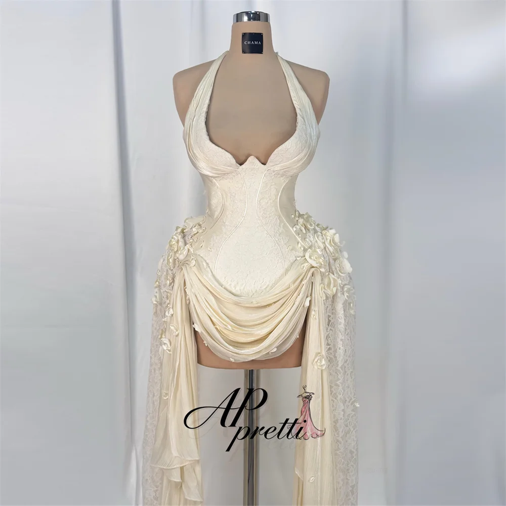 AP pretti Vintage Lace Mini Evening Dresses 3D Flowers Halter V Neck Pleats Mermaid Prom Gown Ruffle Party Dresses Customized ﻿