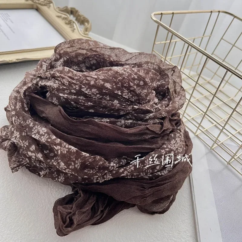 New Artistic Floral Retro Pleated Cotton Linen Scarf Thin Versatile Women\'s Scarves Paired Clothing Autumn Winter Fashion Trend