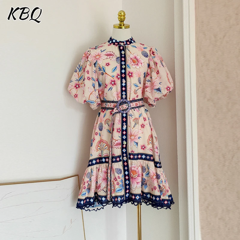 

KBQ Vintage Printing Patchwork Belts Dresses for Women Stand Collar Short Sleeve Spliced Lace Chic Mini Dress Female Summer New