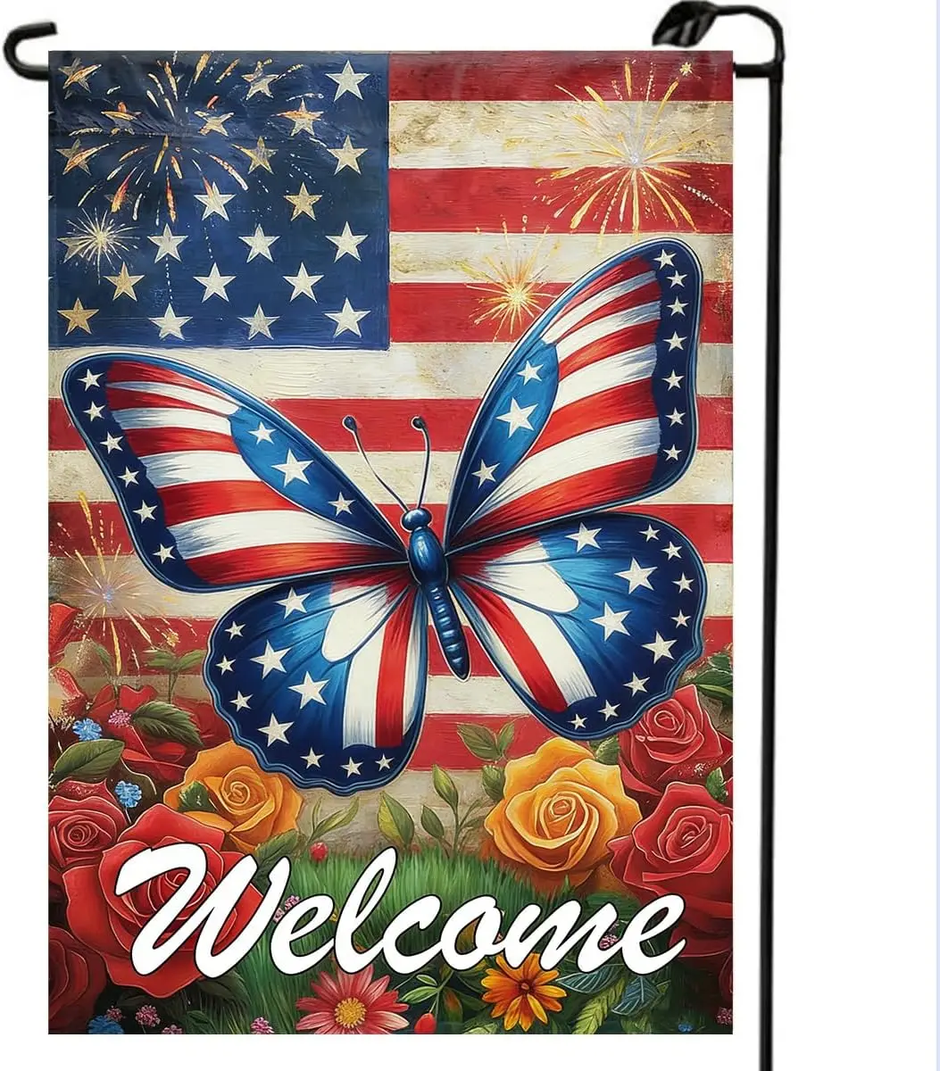 4th of July Patriotic Garden Flags for Outside 12x18 Double Sided, Small Burlap Welcome Butterfly Flowers Independence Day M MMZ