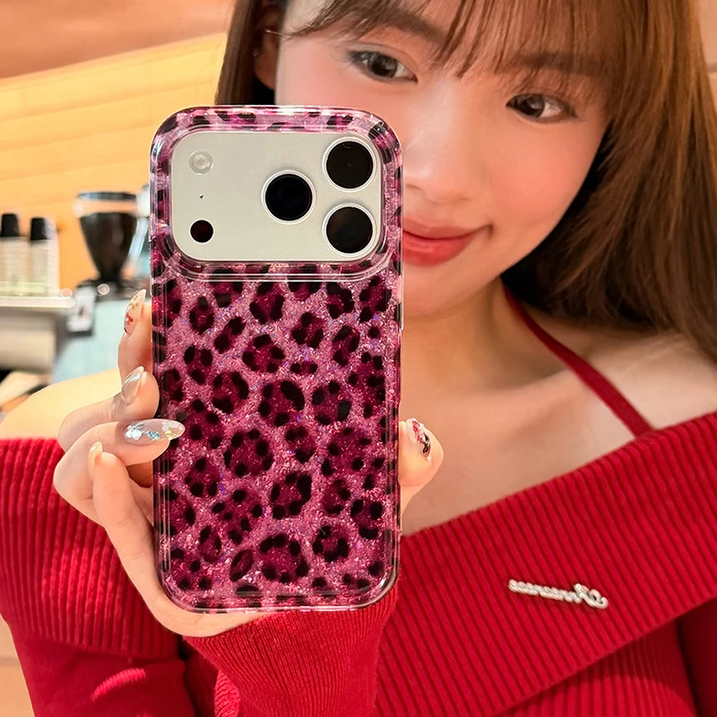 Ins Beliebte Glitzernde Rose Schwarze Leopardenmuster Hülle für iPhone 13 14 15 16 17 18 Pro Max Stoßfeste Harte IMD Rückseite – Detail 2