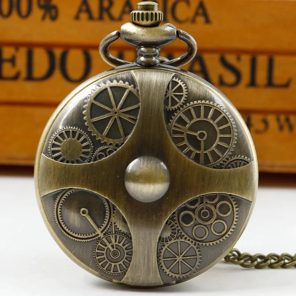 Steampunk ساعات الجيب الكوارتز Relogio فوب الساعات الرجال والعتاد تصميم ساعات الجيب قلادة مع سلسلة قلادة