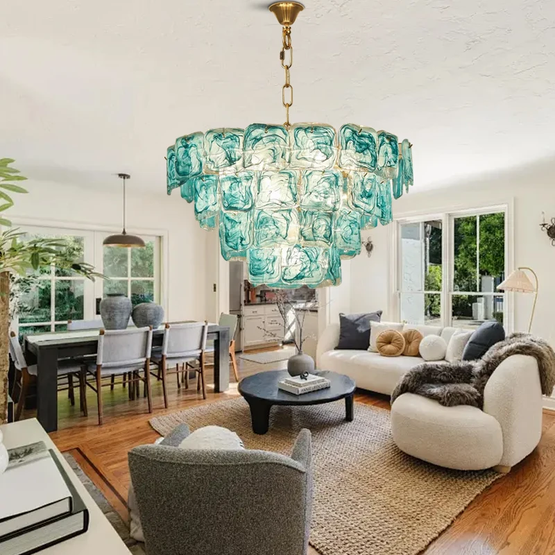 

Blue Brown Colorful Glass Hanging Chandelier, Dimmable Home Decoration Chandeliers Lighting for Living Room Dining Room Lamparas