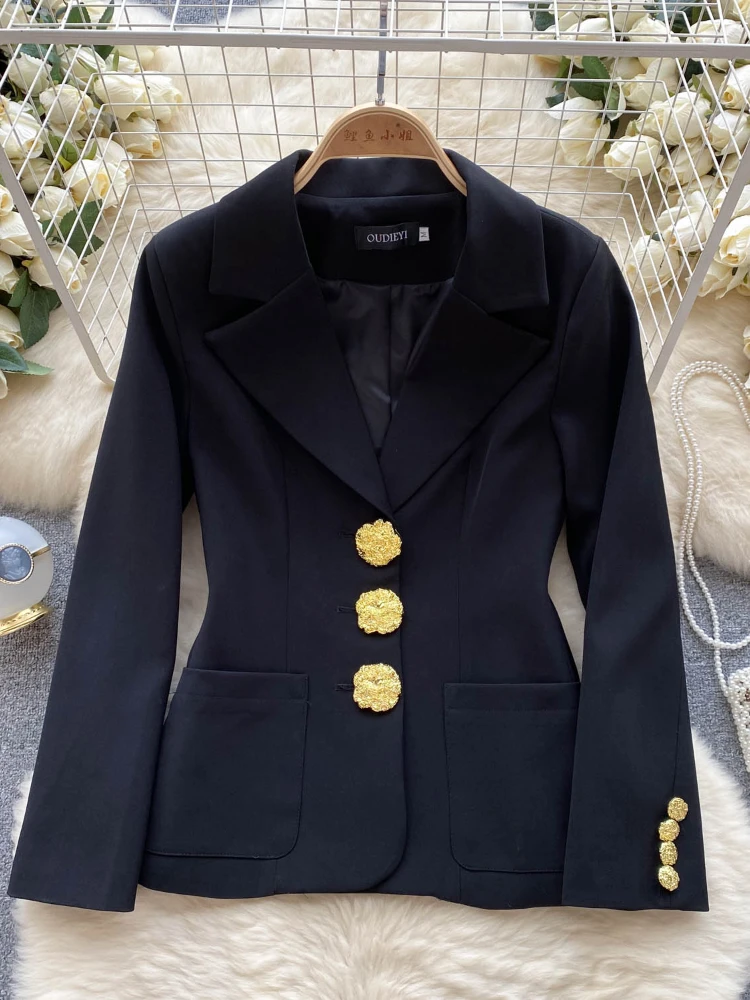 Vintage Commuter Black Blazer Coat Women Autumn Winter 2023 New High Quality Gold Buckle Slim-Fit French Fashion Top Jacket