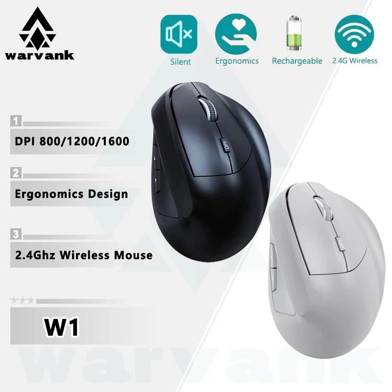 

Warvank W1 2.4G Wireless Mouse Vertical Mouse Rechargeable Ergonomic Office Silent Mice For PC Computer Laptop