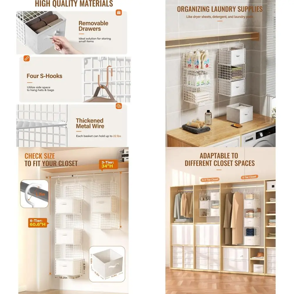 

Органайзер для шкафа с перфорацией, 6-ярусный металлический органайзер для хранения в шкафу с 4 подвесными крючками и 4 S-образными крючками для гардероба или прачечной