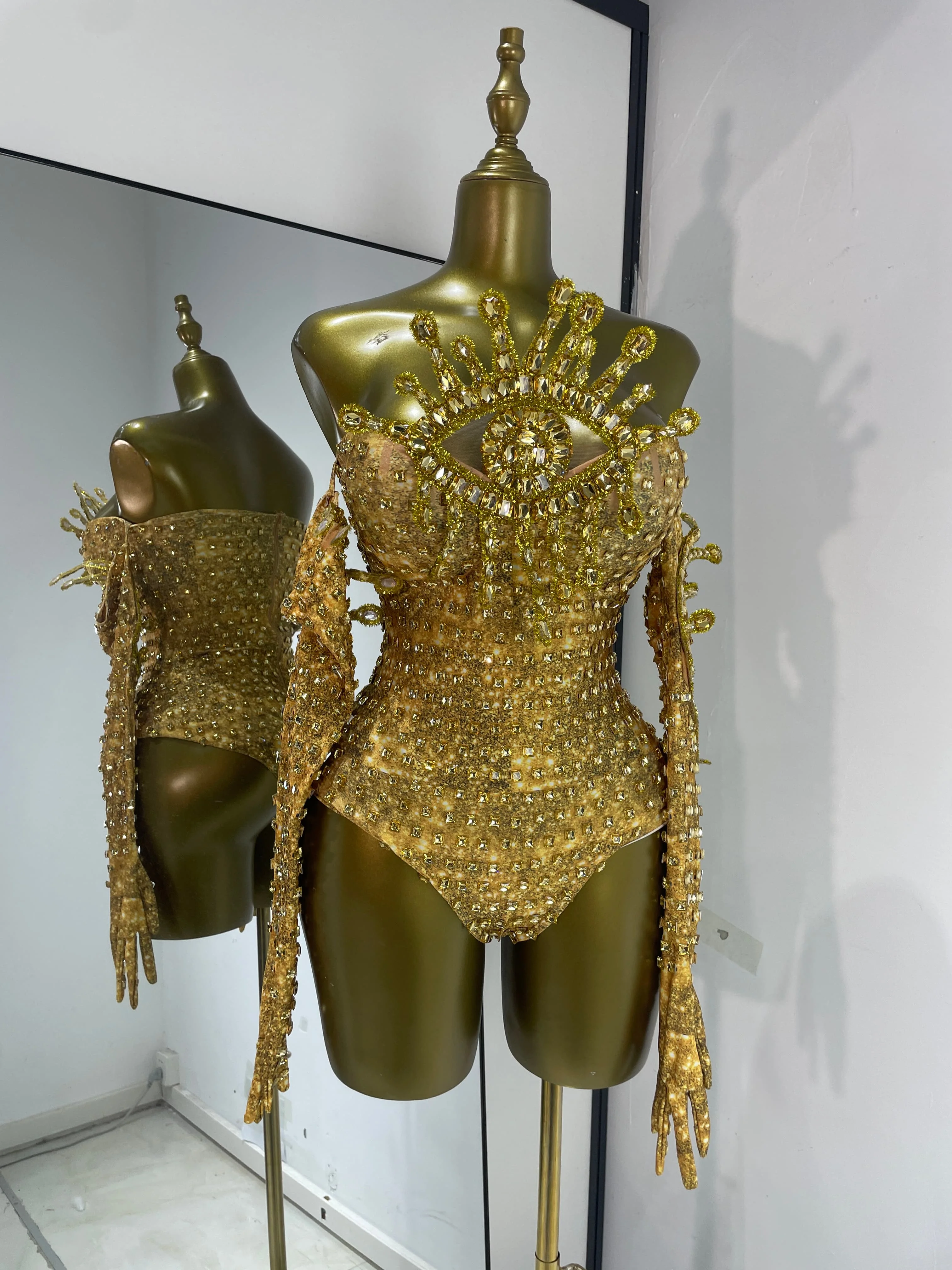 Real Photo Women Electric Music Festival Outfits Gold Big Eye Crystal Gloves Sleeve Thigh High Evening Costumes Adult Show Dress