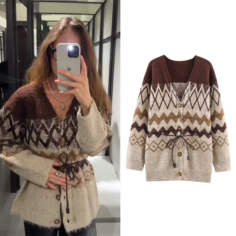 

Spring Women Jacquard Knit Cardigan with Belt V Neck Long Sleeve Pocket Ribbed Trims Simple Women's Sweater Elastic Female Tops