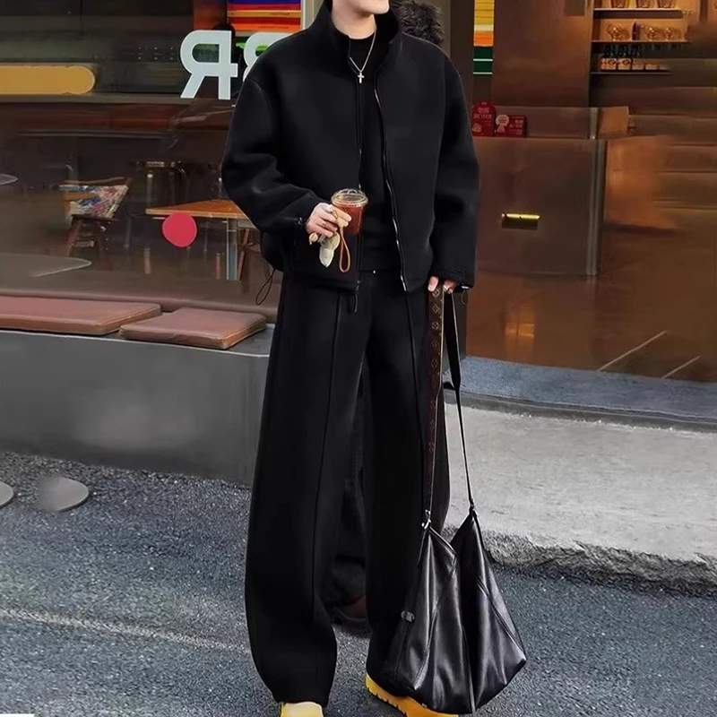 أطقم رجالية شتوية كاجوال من الصوف للأنشطة الخارجية، طقم من قطعتين بلون واحد، جاكيت بسحاب وبنطلون بتصميم عتيق، أطقم رياضية رجالية