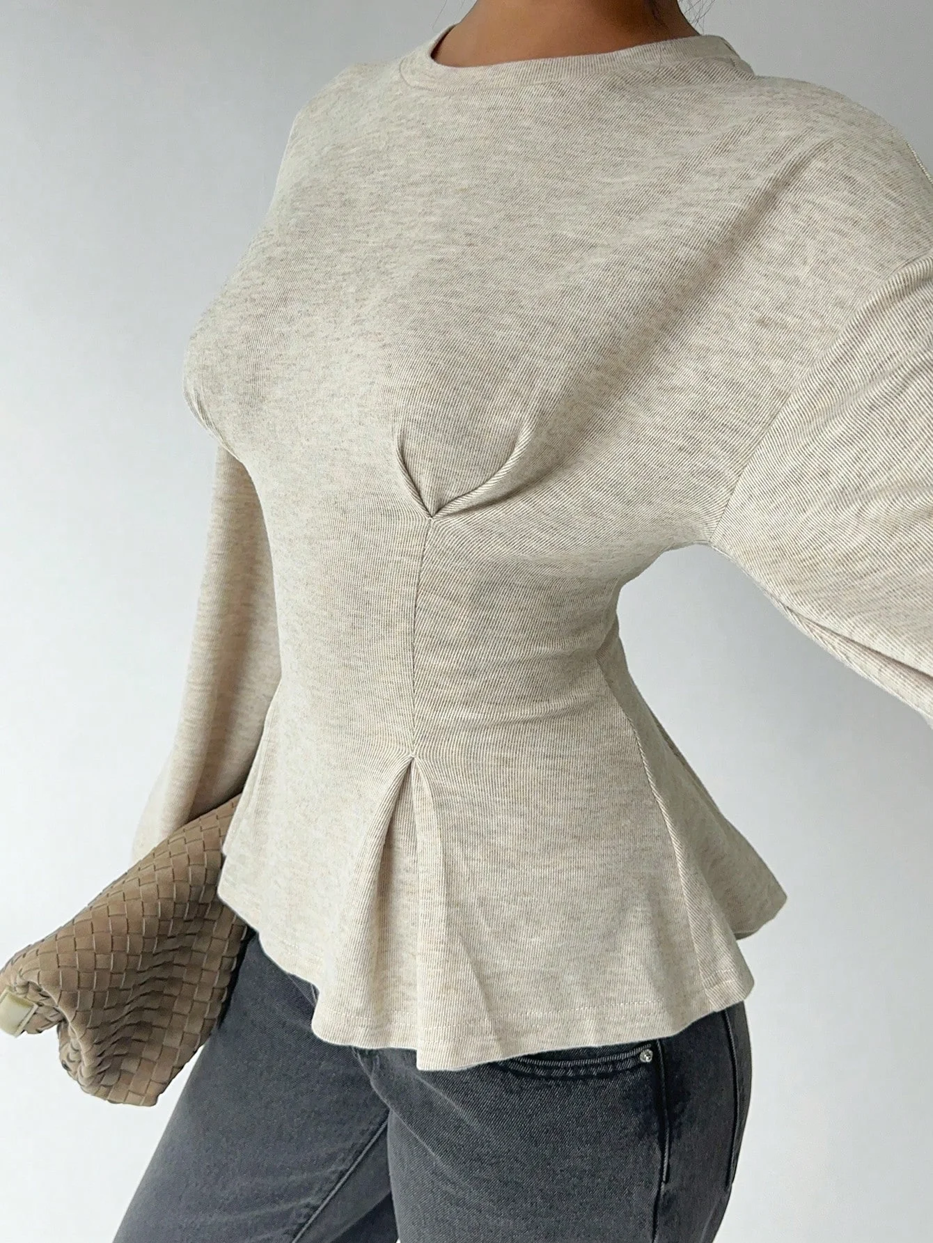 여성용 캐주얼 라운드넥 플리츠 티셔츠, 단색 티셔츠, 일상 출퇴근 및 홈웨어에 적합, 긴 소매 니트