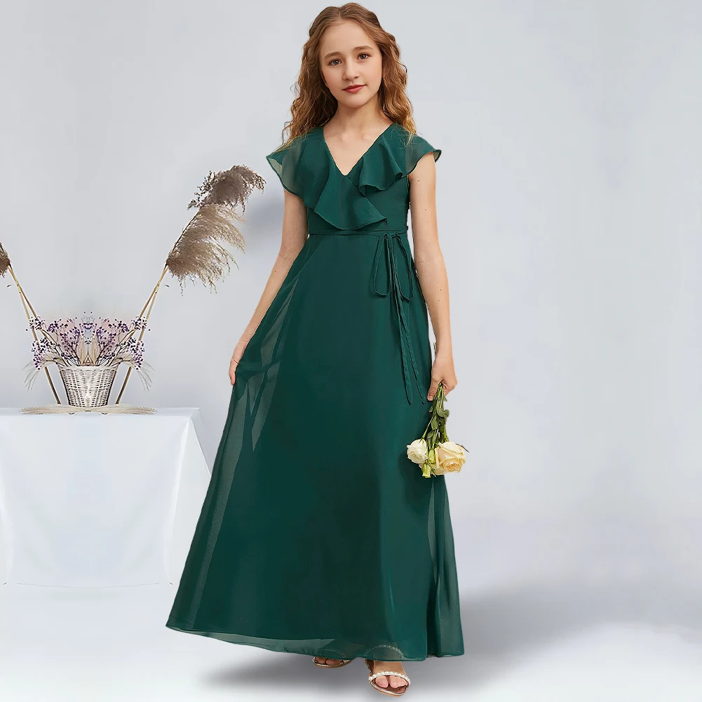 Elegant A-Line V-Neck Floor-Length Chiffon Junior Bridesmaid Dresses Emerald Gorgeous Flower Girl Dresses Party Wedding Kids