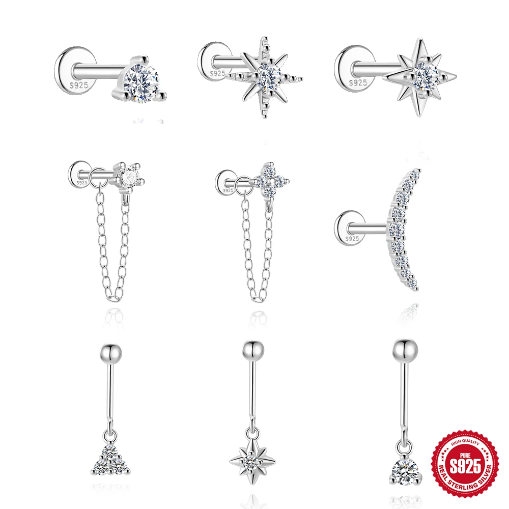 CANNER S925 Silver Piercing Studs Star Moon Bow CZ Dangle Flat Back Earring Helix Tragus Lobe Hypoallergenic Women Jewelry Gift