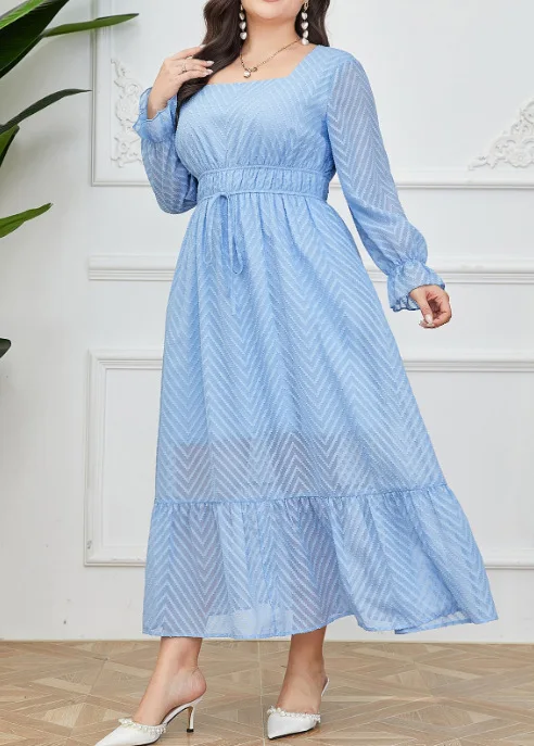 Plus Size Elegant Dresses Women New Temperament Elastic Waist Printed Long Dress Splicing Casual Long Sleeve Solid Color Dresses