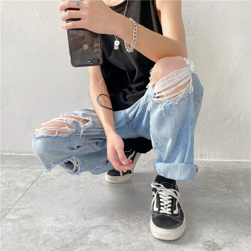 Men Jeans Wide-leg Straight Jeans 3XL Hole Ripped Street-wear All-match Denim Trousers Mens Loose Casual Fashion Harajuku New