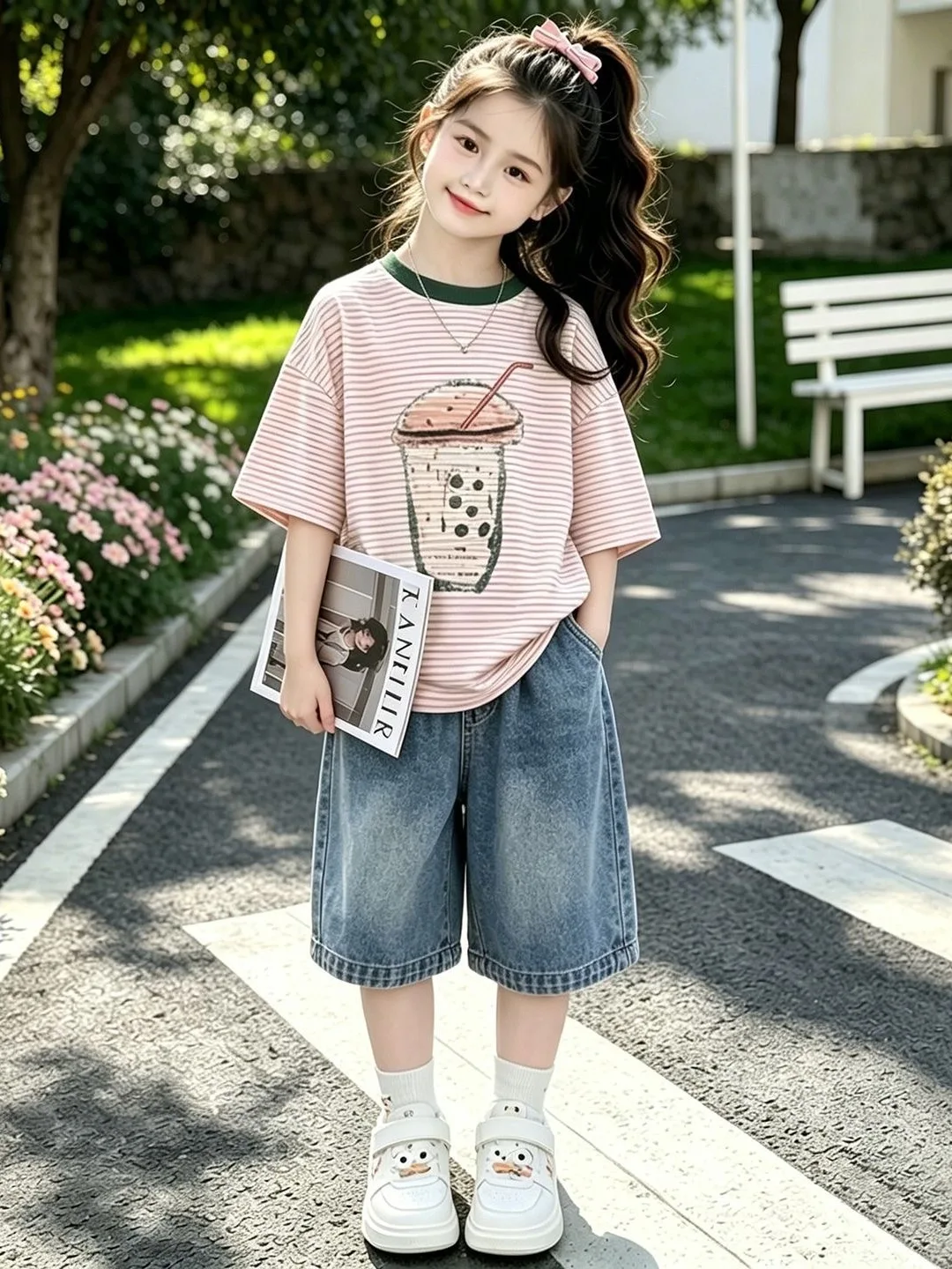 女の子の夏服2026新作トレンド可愛いユニーク美しいデニムショートパンツツーピースセット綿混素材通気性涼感