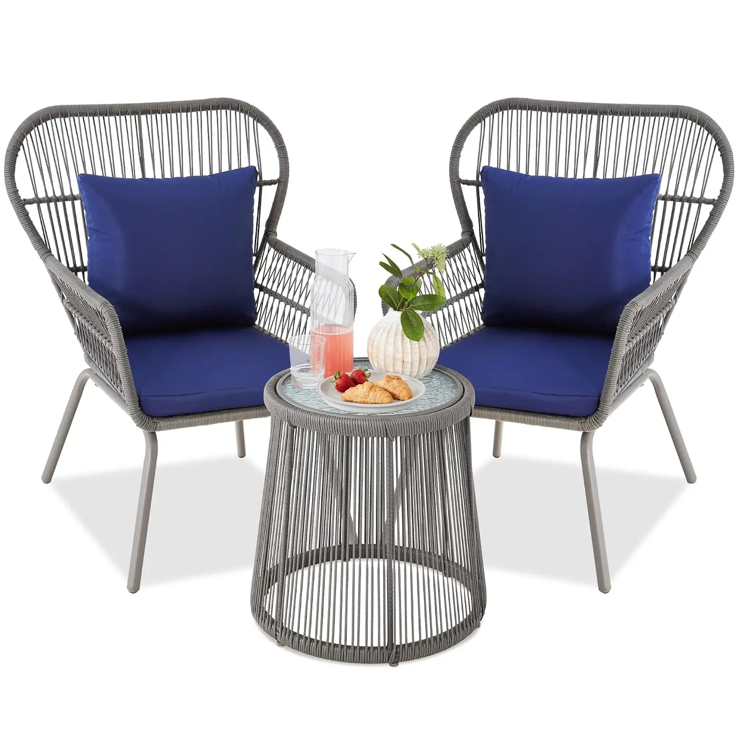 3-Piece Patio Wicker Bistro Set, Outdoor Furniture for Porch Backyard w/ 2 Ergonomic Chairs Cushions Glass Table, Customized