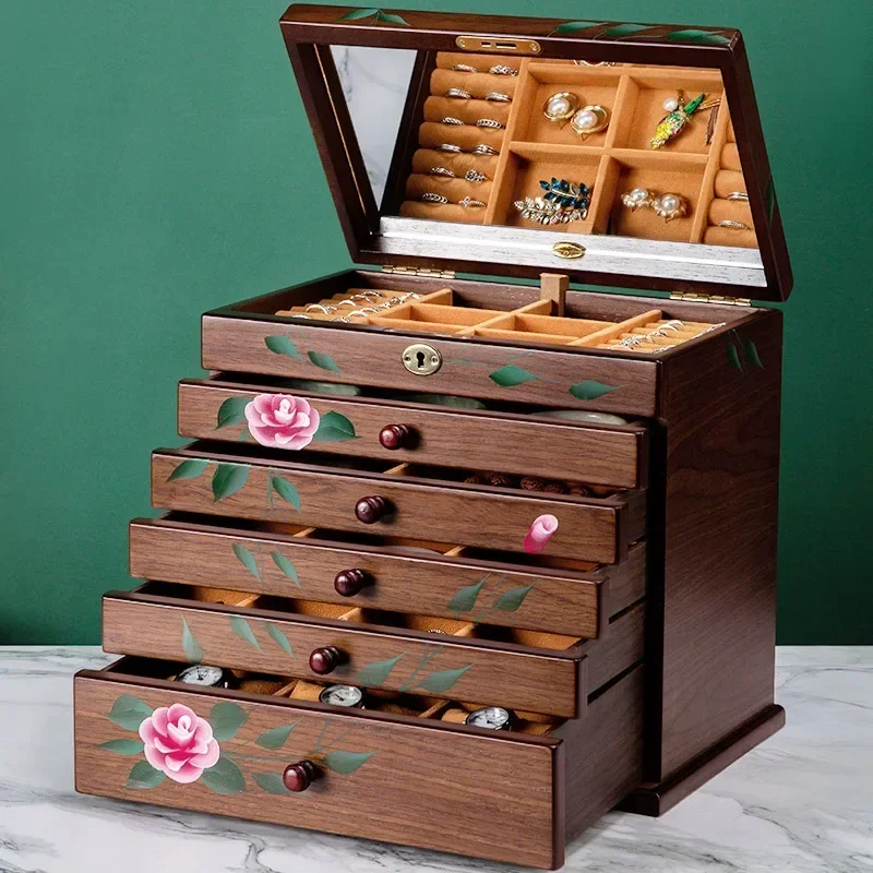 Hand-Painted Wooden Jewelry Box, Solid Wood Necklace and Earring Organizer, Large Capacity Storage Lock Box, Artistic Gift Idea