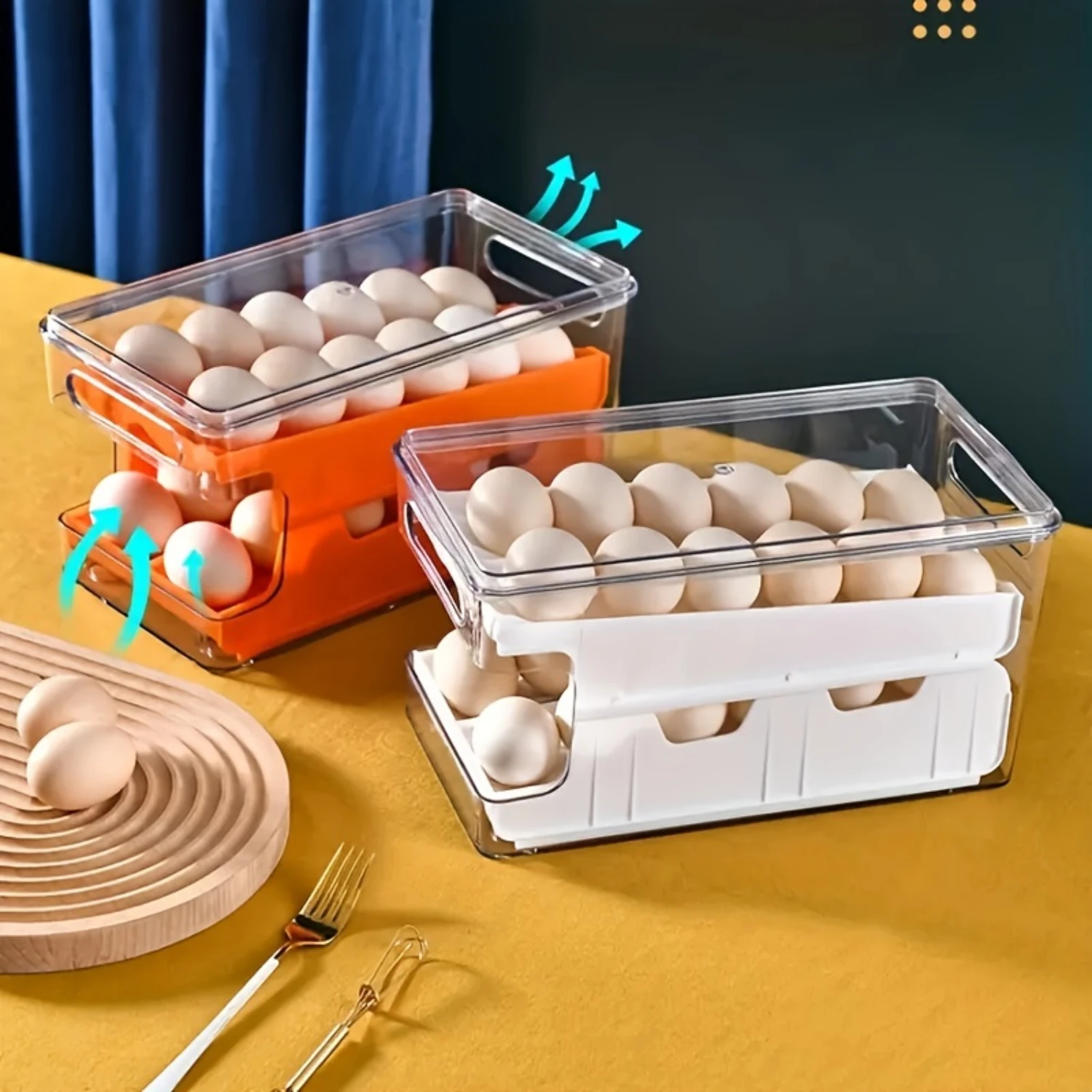 1pc Large Capacity Egg  Box - Smooth Rolling and Sliding Double Layers Design for Refrigerator, Cabinet, and Shelf  - Perfect Ho