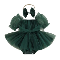 Christmas Baby Girls Romper Infant Solid Color Tulle Romper Dress Newborn Short Sleeve Sweet Bodysuit Jumpsuit + Headband