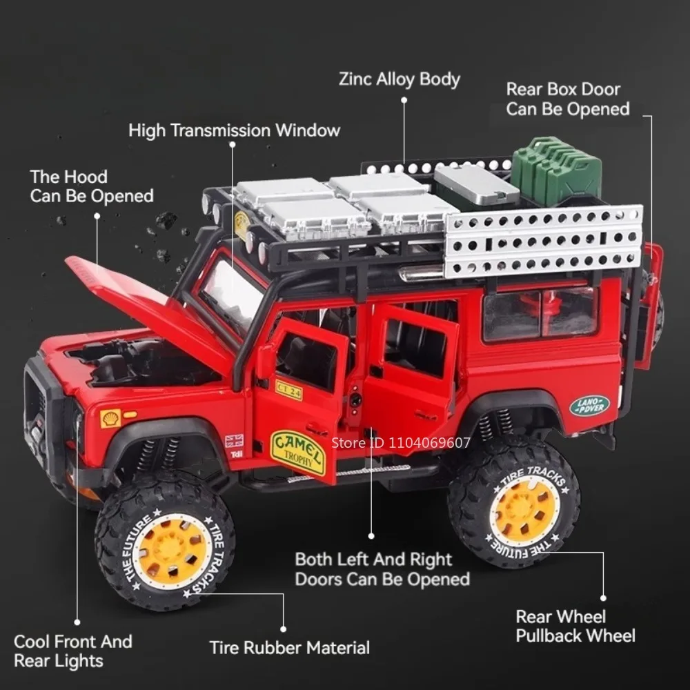 Scale 1:28 Land Rover Defender Car Model Toy Diecast  Alloy Camel Cup SUV 6 Doors Opened Sound Light Toys Gifts for Children